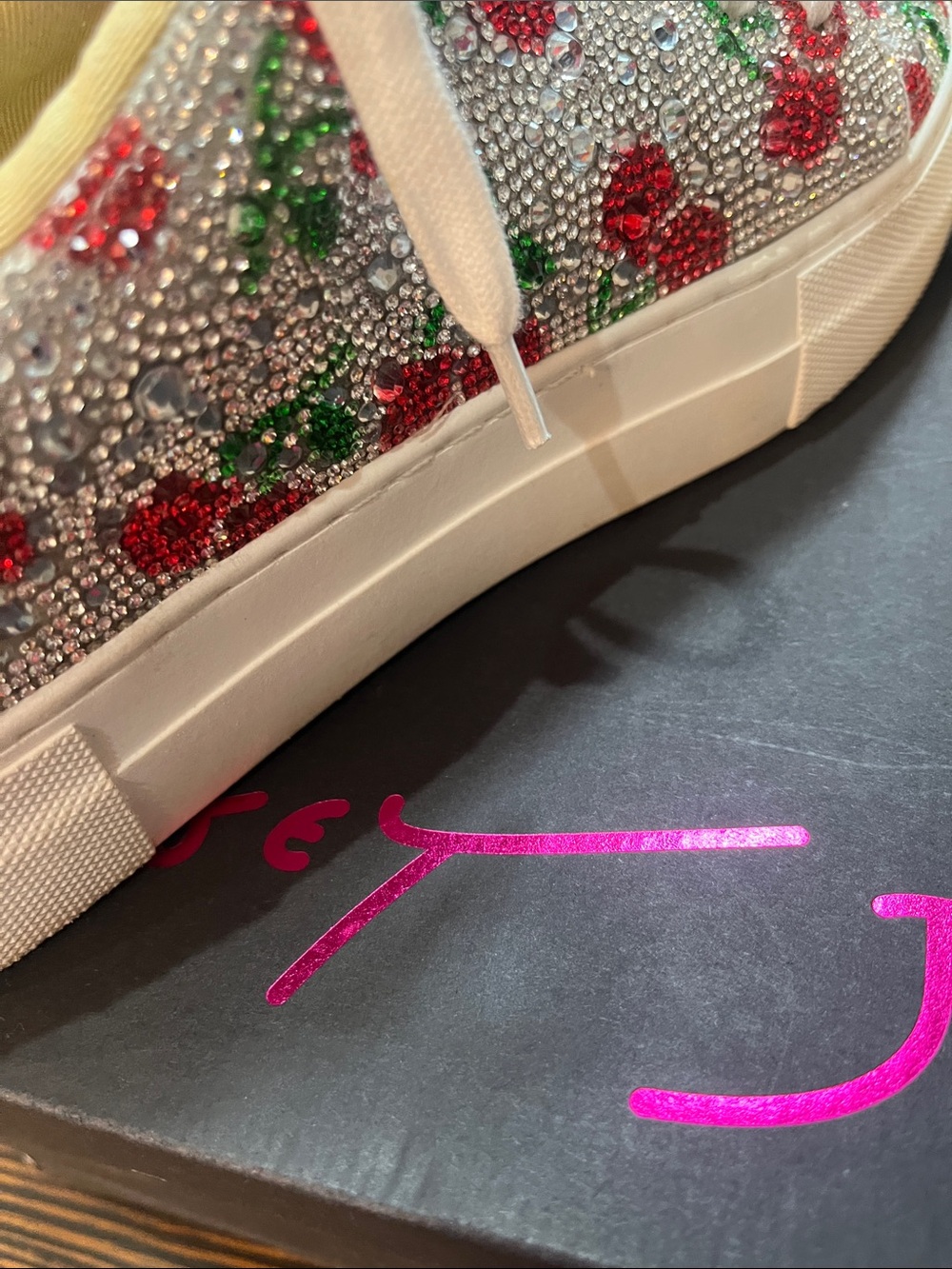 Betsey Johnson Crystal Cherry Embellished Sneakers - White/Red/Green - Picture 8 of 12
